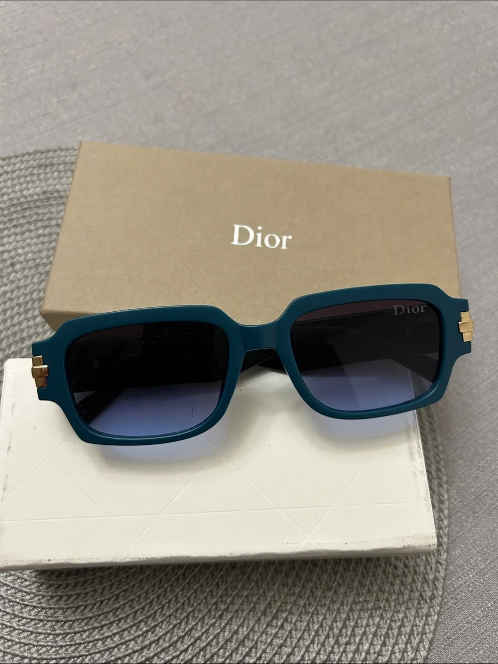 Dior Men's Teal Rectangular Sunglasses with Gold Accents